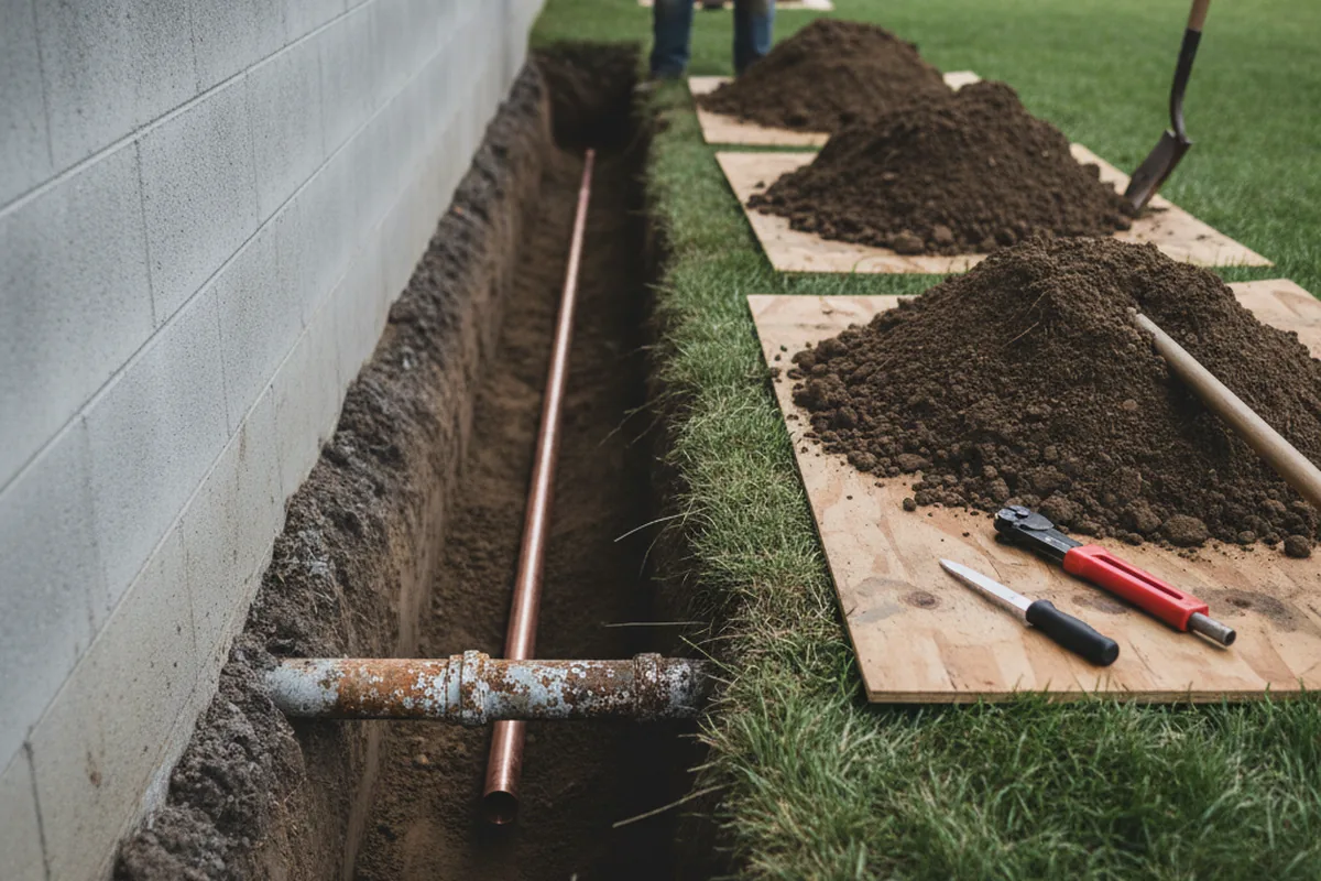 Excavated water line trench during Water Softener Installation in Grapevine